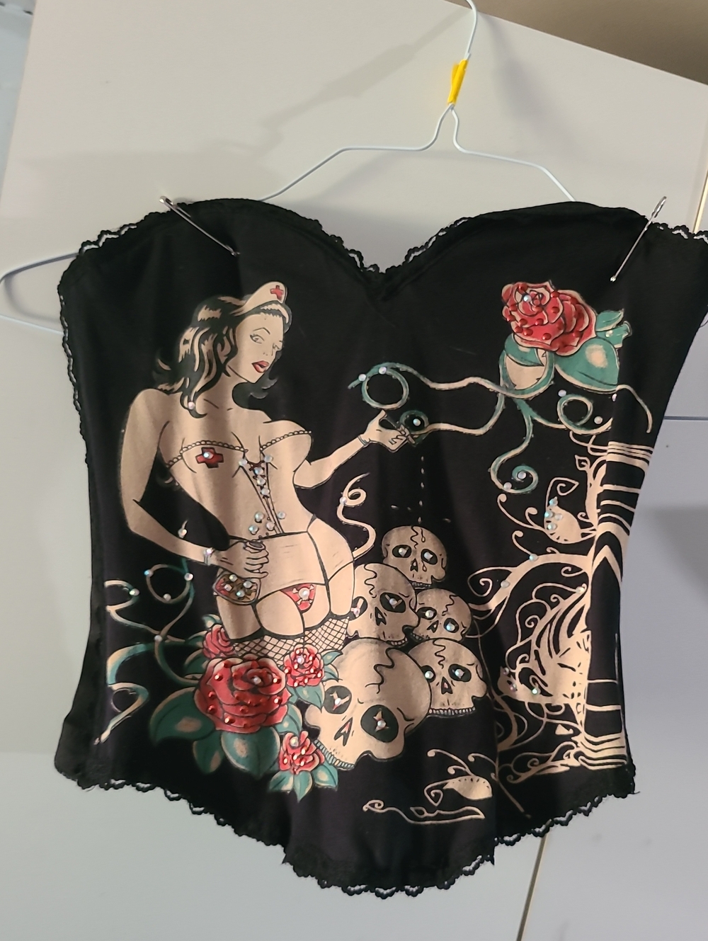 Black Floral Pinup Bustier Top with Rose & Skull Graphic
